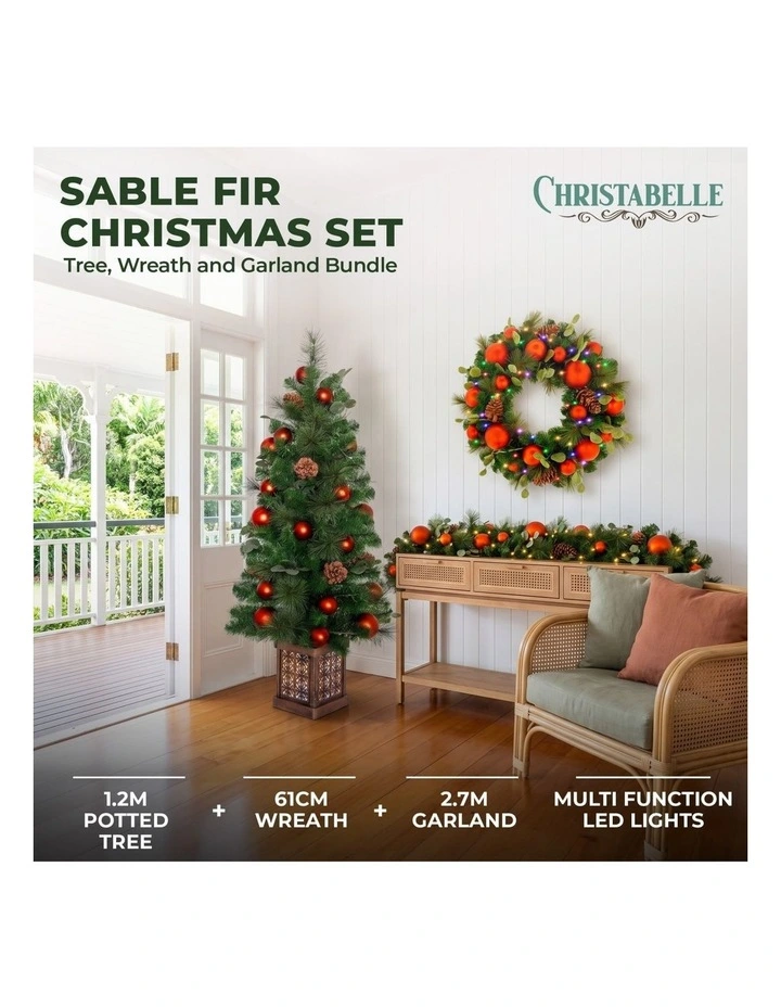 Christabelle Sable Fir Christmas 3pc Set 1.2m Potted Tree 61cm Wreath 2.74m Garland with image 2