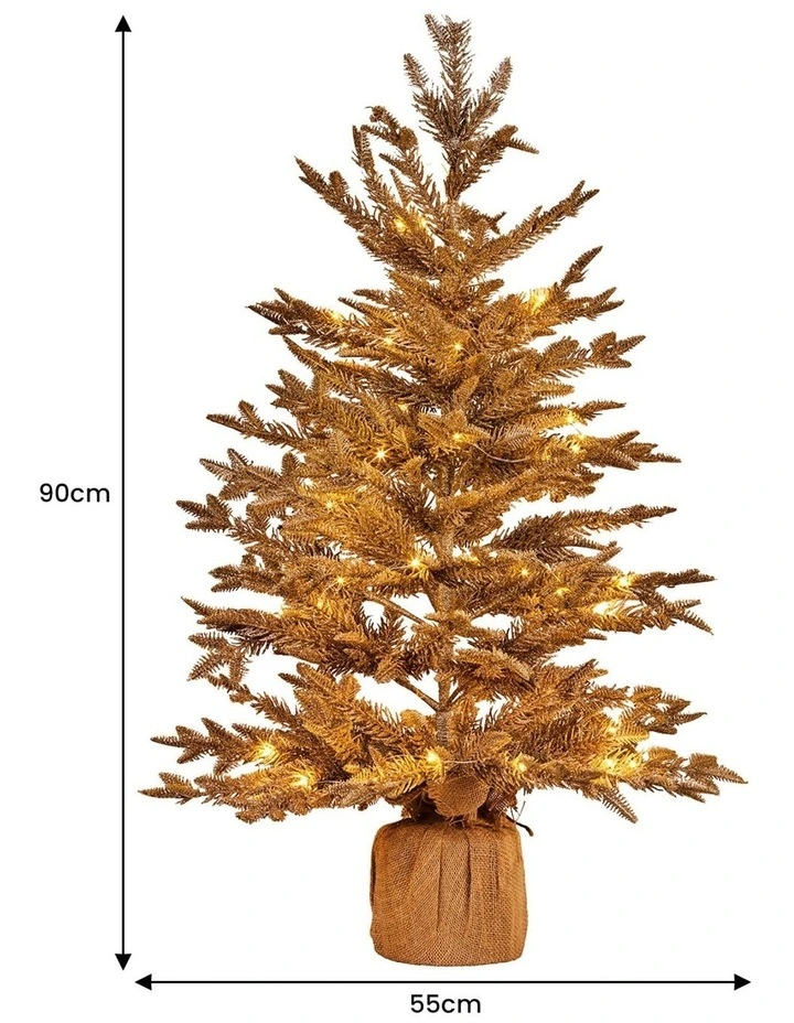 Christabelle 3ft Christmas Tree with Lights - Gold Fir in Hessian Base image 3