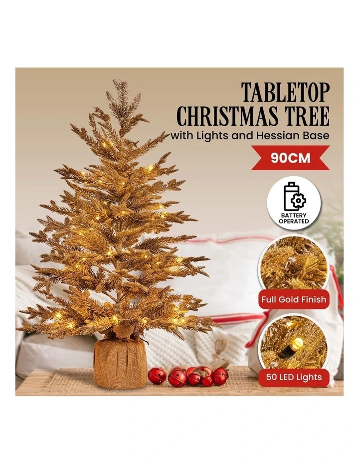 Christabelle 3ft Christmas Tree with Lights - Gold Fir in Hessian Base image 6