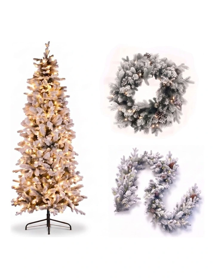 Christabelle Snowy Dorchester Pencil 7.5ft Pre-lit Tree 61cm Wreath 2.7m Garland with LED Lights image 1