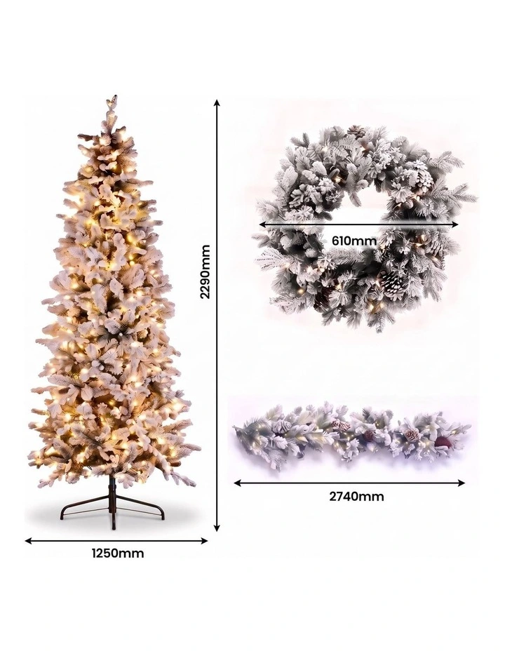 Christabelle Snowy Dorchester Pencil 7.5ft Pre-lit Tree 61cm Wreath 2.7m Garland with LED Lights image 5