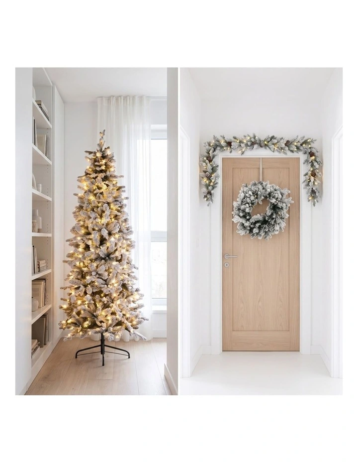 Christabelle Snowy Dorchester Pencil 7.5ft Pre-lit Tree 61cm Wreath 2.7m Garland with LED Lights image 7