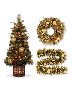 Christabelle Deluxe Mountain Pine Christmas 3pc Set 1.2m Potted Tree Wreath and Garland with LED