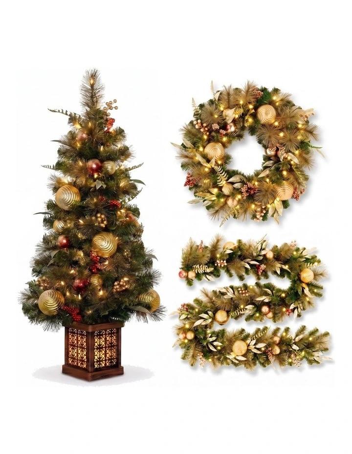Christabelle Deluxe Mountain Pine Christmas 3pc Set 1.2m Potted Tree Wreath and Garland with LED image 1