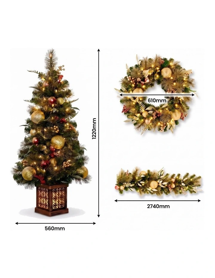 Christabelle Deluxe Mountain Pine Christmas 3pc Set 1.2m Potted Tree Wreath and Garland with LED image 2