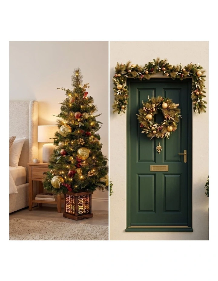 Christabelle Deluxe Mountain Pine Christmas 3pc Set 1.2m Potted Tree Wreath and Garland with LED image 4