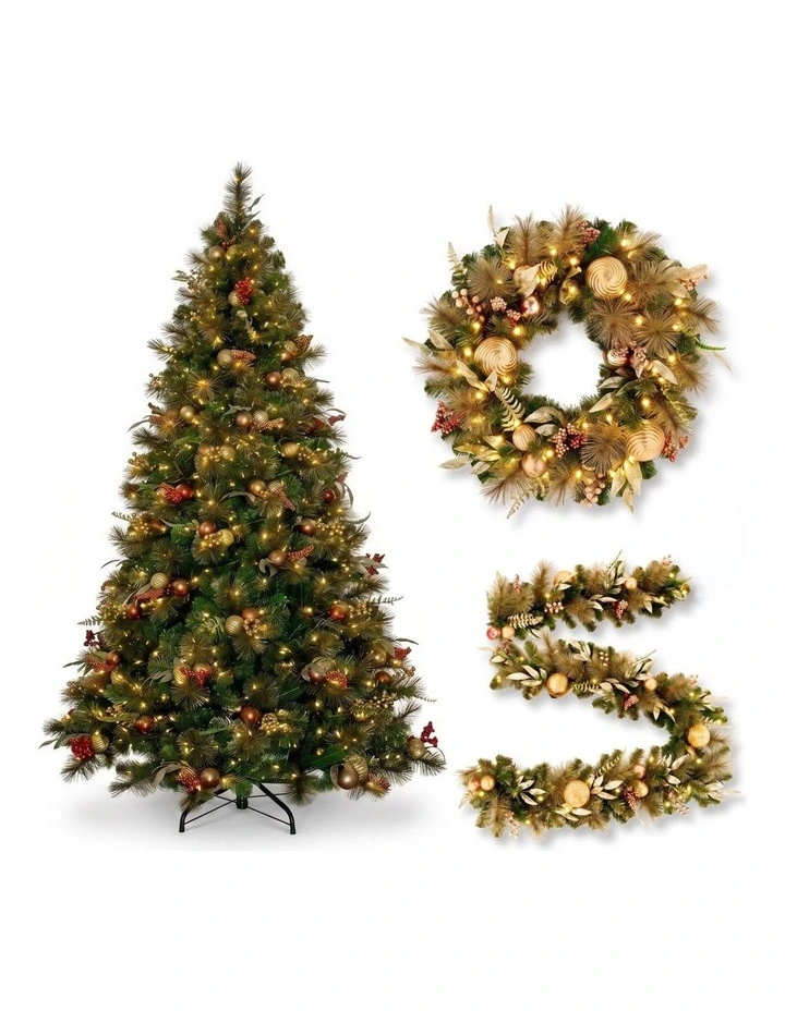 Christabelle Deluxe Mountain Pine 3pc Set 7.5ft Pre-lit Tree 61cm Wreath 2.74m Garland LED Lights image 1