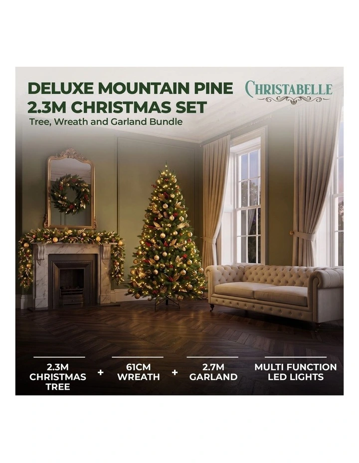 Christabelle Deluxe Mountain Pine 3pc Set 7.5ft Pre-lit Tree 61cm Wreath 2.74m Garland LED Lights image 2