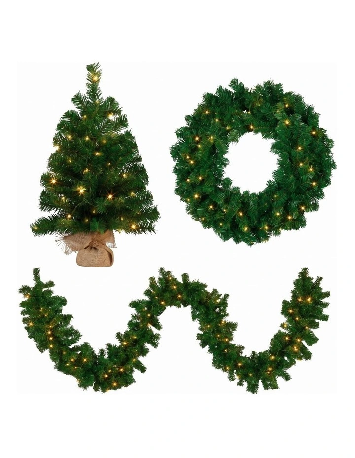 Christabelle Chadwick Green Christmas 3pc Set 61cm Tabletop Tree 61cm Wreath 2.7m Garland with LED image 1