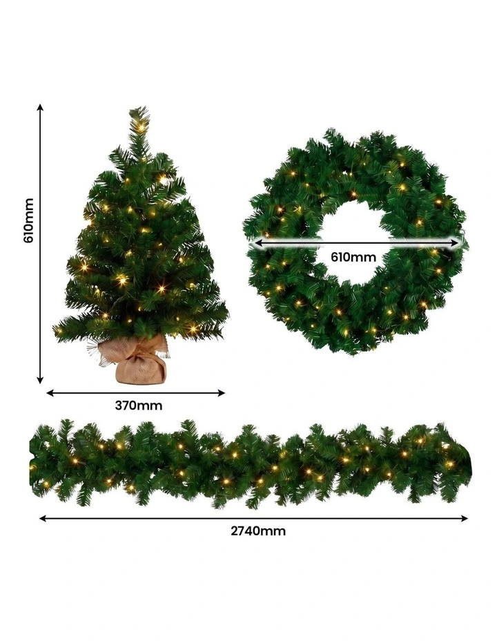 Christabelle Chadwick Green Christmas 3pc Set 61cm Tabletop Tree 61cm Wreath 2.7m Garland with LED image 3