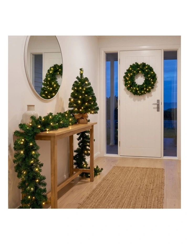 Christabelle Chadwick Green Christmas 3pc Set 61cm Tabletop Tree 61cm Wreath 2.7m Garland with LED image 7