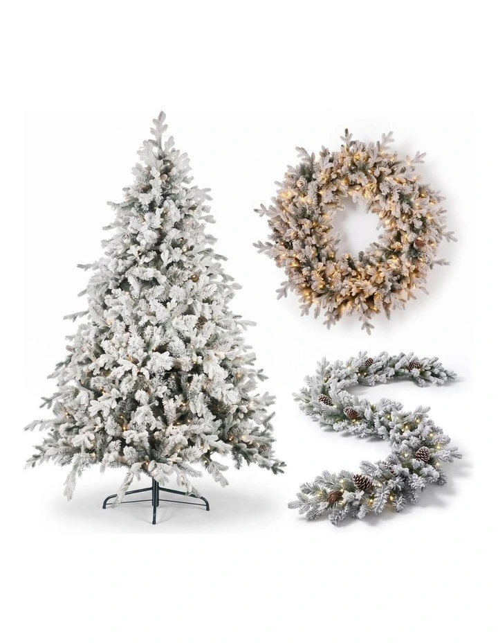 Christabelle Snowy Dorchester Pre-Lit Christmas Tree 2.3m Wreath 1.2m Garland 2.7m Flocked LED Xmas image 1