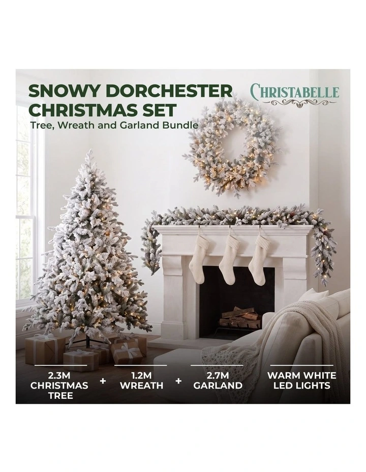 Christabelle Snowy Dorchester Pre-Lit Christmas Tree 2.3m Wreath 1.2m Garland 2.7m Flocked LED Xmas image 2