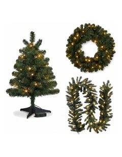 Christabelle Highland Pine Christmas 3pc Set 61cm Tabletop Tree Wreath and Garland with LED Lights