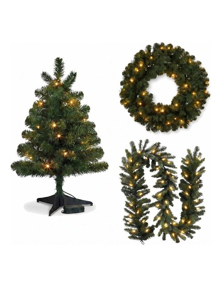 Christabelle Highland Pine Christmas 3pc Set 61cm Tabletop Tree Wreath and Garland with LED Lights image 1