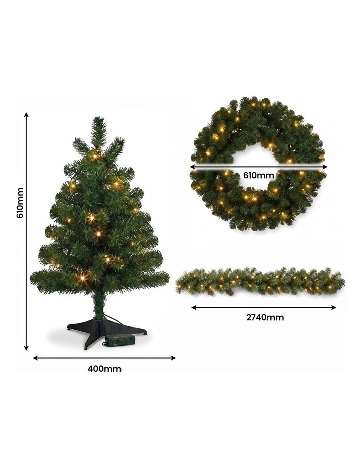 Christabelle Highland Pine Christmas 3pc Set 61cm Tabletop Tree Wreath and Garland with LED Lights image 2