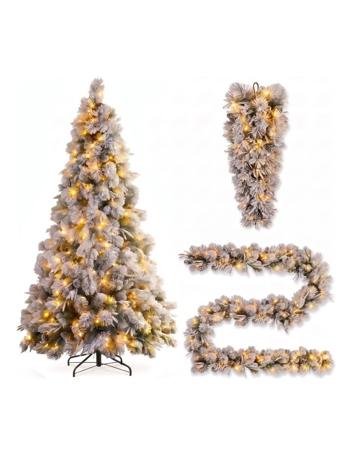 Christabelle Alpine Snow Christmas 3pc Set 2.3m Christmas Tree Garland and Teardrop with LED Lights image 1