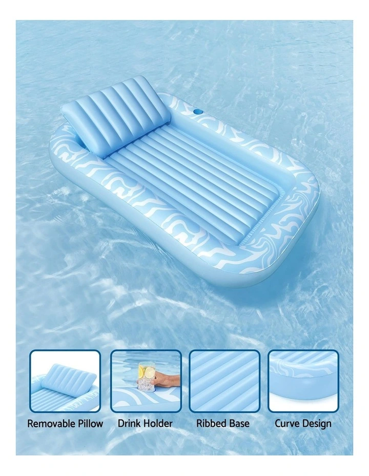 Inflatable Chair Bed Pillow Cup Holder Floating Seat Pool Lounger 2.03x1.37m in Blue image 6