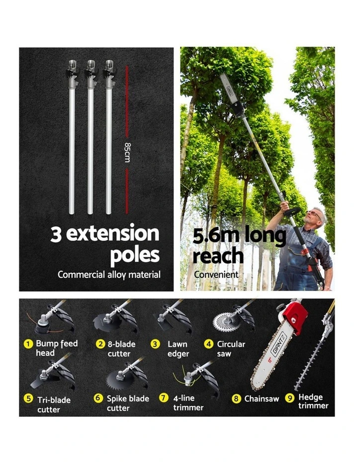 Pole Chainsaw Hedge Trimmer Brush Cutter Whipper Snipper Tool 9 in 1 in Silver image 7