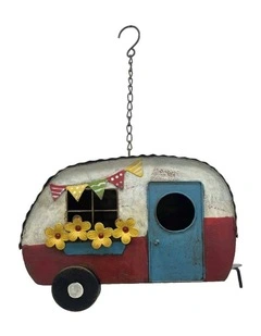 Metal Vintage Caravan Hanging Garden Bird House 44cm in Red