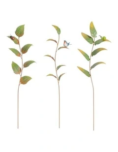 Leaf Stakes With Bug/Bird Set of 3 in Green