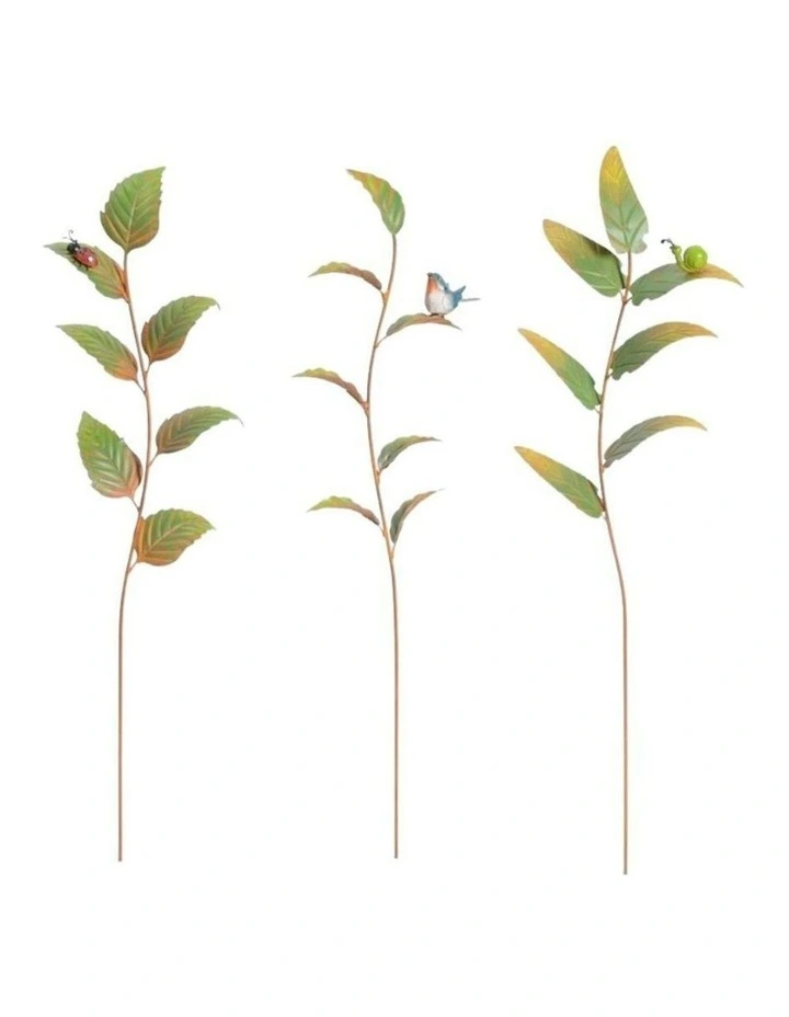 Leaf Stakes With Bug/Bird Set of 3 in Green image 1