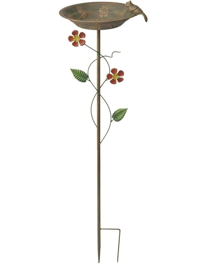 Birdbath With Flowers On Stake in Green image 1