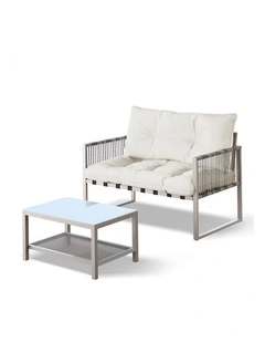 2PCS Outdoor Lounge Sofa Set Wicker Furniture Table and Chairs Garden Beige