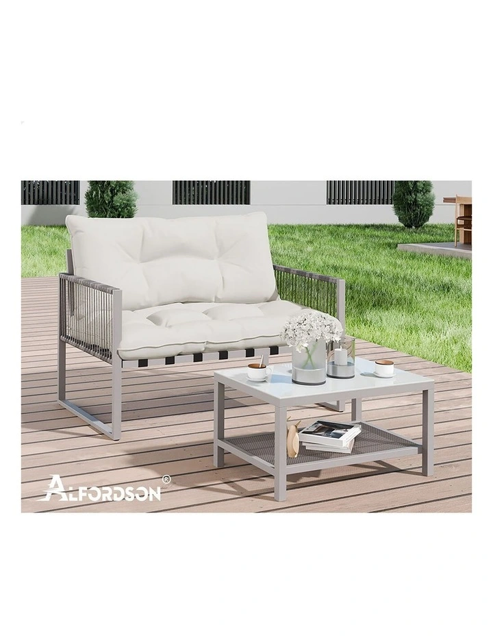2PCS Outdoor Lounge Sofa Set Wicker Furniture Table and Chairs Garden Beige image 2