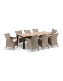 Sahara 8 Seater Rectangle Teak Top Dining Table Brushed Wheat With Chairs & Cream Cushions