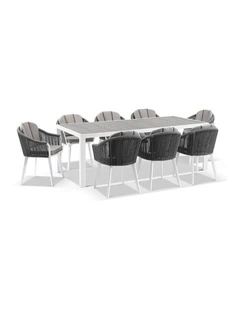 Southport Outdoor 2.17m Aluminium and Ceramic Table with 8 Alpine Chair Frost White