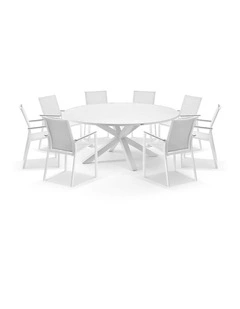 Houston Outdoor 1.8m Round Aluminium Table with 8 Patonga Dining Chairs White