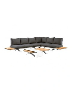 Venice Aluminium Corner Lounge with Built in Timber Side tables White & Dark Cushion