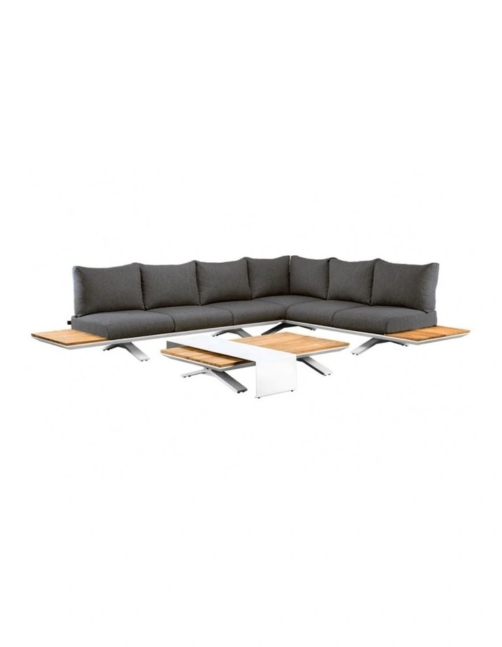 Venice Aluminium Corner Lounge with Built in Timber Side tables White & Dark Cushion image 1