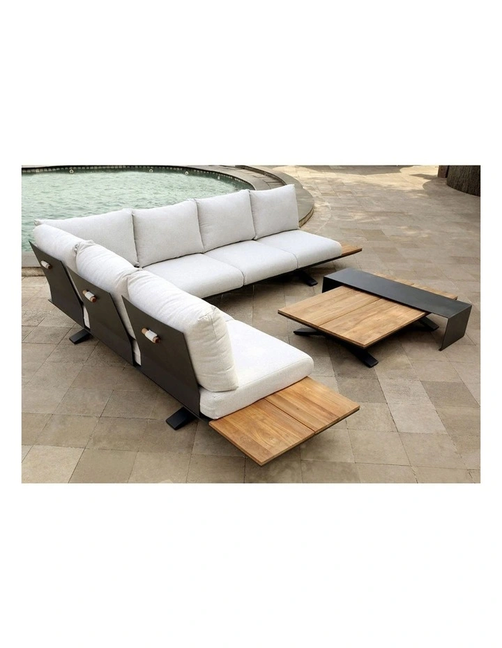 Venice Aluminium Corner Lounge with Built in Timber Side tables White & Dark Cushion image 3