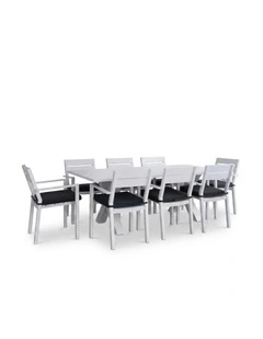 Tahitian 2.1m Aluminium Dining Table White With 8 Santorini Chairs & Denim Grey Cushions