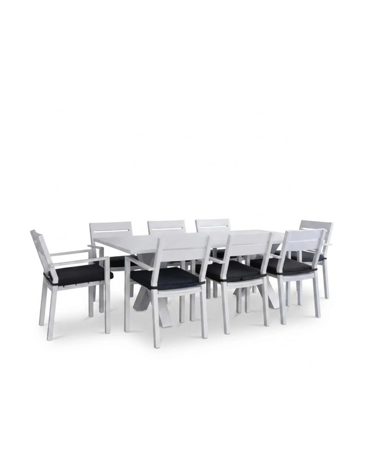 Tahitian 2.1m Aluminium Dining Table White With 8 Santorini Chairs & Denim Grey Cushions image 1