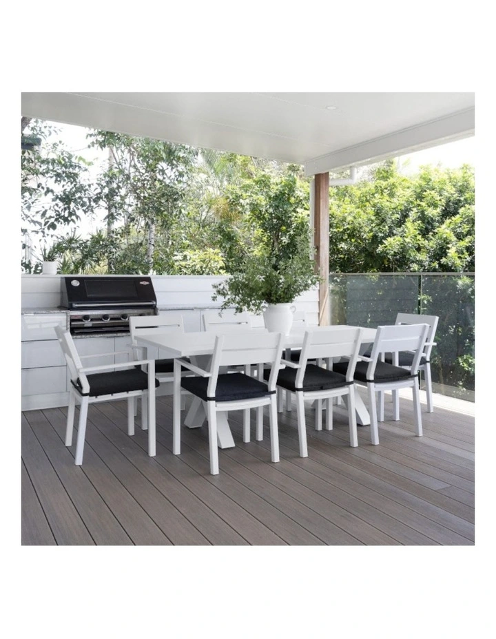Tahitian 2.1m Aluminium Dining Table White With 8 Santorini Chairs & Denim Grey Cushions image 2