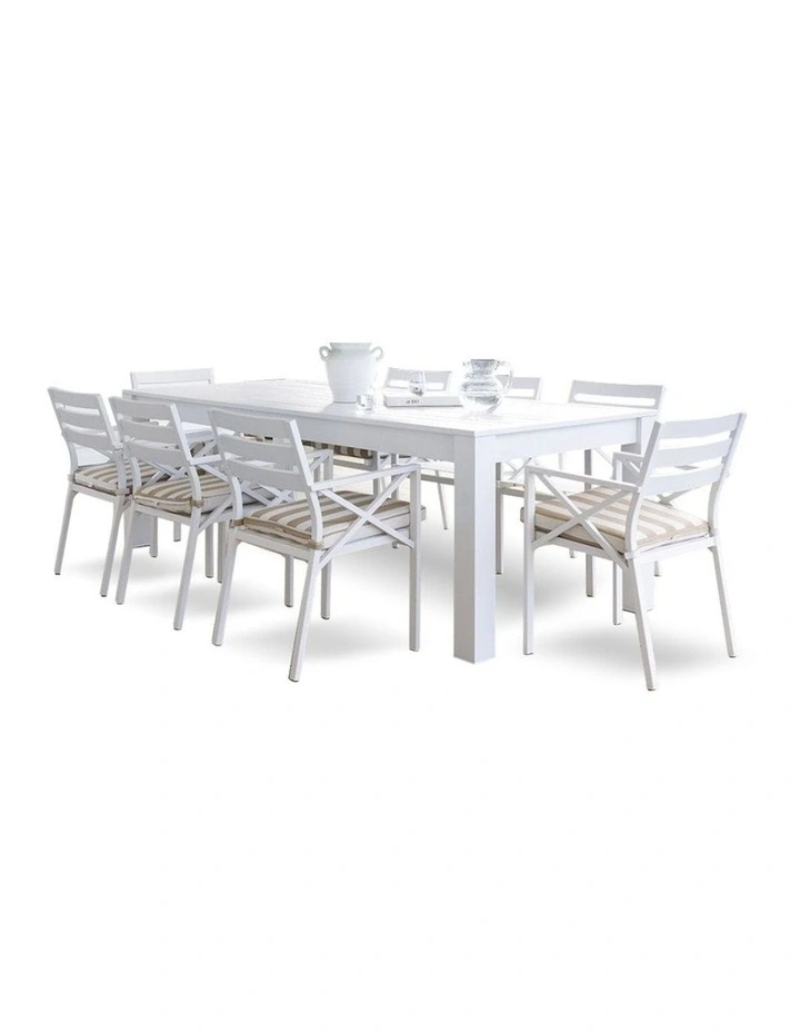 Santorini 2.5m Outdoor Aluminium Dining Table White With 8 Kansas Chairs & Heather Beige Cushions image 1