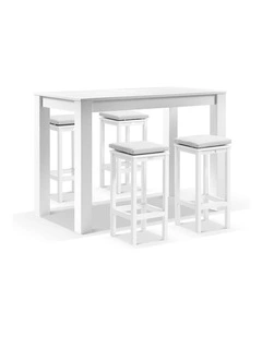 Santorini Outdoor 1.5m Bar Table White With 4 Avoca Stools & Textured Olefin Grey Cushions