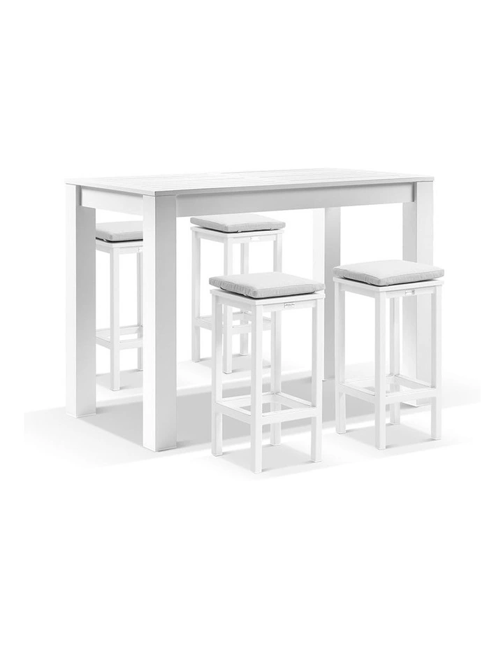 Santorini Outdoor 1.5m Bar Table White With 4 Avoca Stools & Textured Olefin Grey Cushions image 1