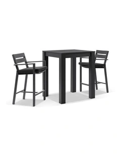 Santorini Outdoor Aluminium Square Bar Table Charcoal With 2 stools & Denim Grey Cushions