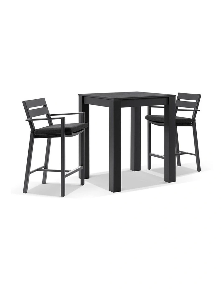 Santorini Outdoor Aluminium Square Bar Table Charcoal With 2 stools & Denim Grey Cushions image 1