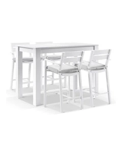Santorini Outdoor Aluminium 1.5m Bar Table White With 4 stools & Textured Grey Cushions