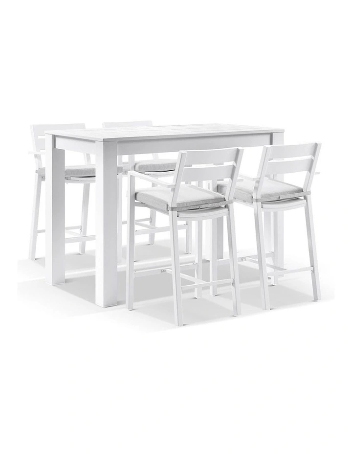 Santorini Outdoor Aluminium 1.5m Bar Table White With 4 stools & Textured Grey Cushions image 1