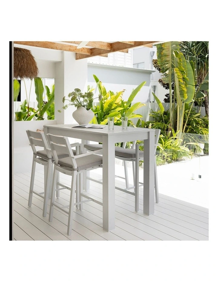 Santorini Outdoor Aluminium 1.5m Bar Table White With 4 stools & Textured Grey Cushions image 4