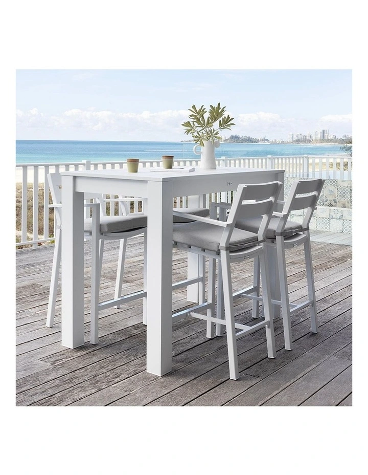 Santorini Outdoor Aluminium 1.5m Bar Table White With 4 stools & Textured Grey Cushions image 5
