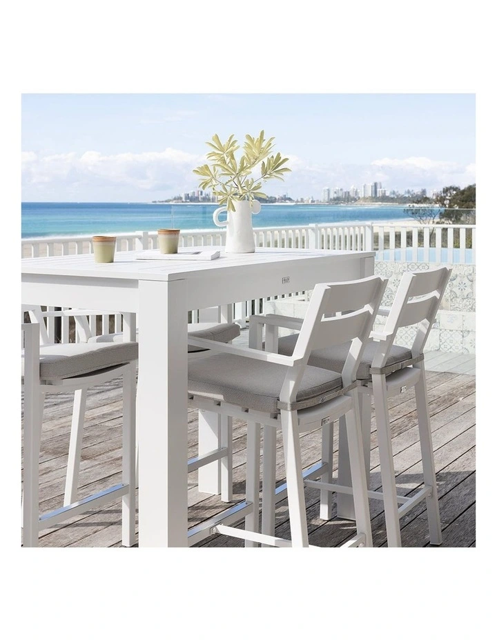 Santorini Outdoor Aluminium 1.5m Bar Table White With 4 stools & Textured Grey Cushions image 6