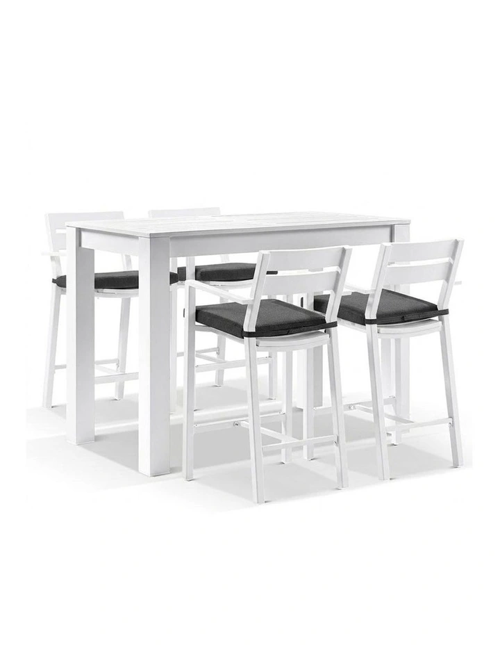 Santorini Outdoor Aluminium 1.5m Bar Table White With 4 stools & Denim Grey Cushions image 1