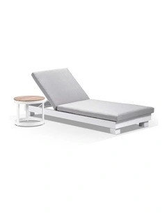 Santorini Aluminium Sun Lounge White With Round Side Table & Textured Olefin Grey Cushions